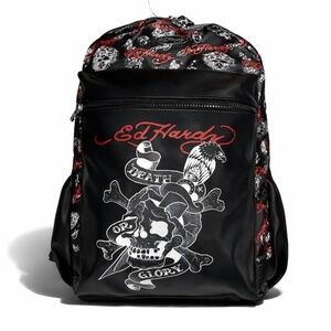 Ed Hardy Tattoo Skull Backpack Black PU Leather Laptop School Travel Bag NWT
